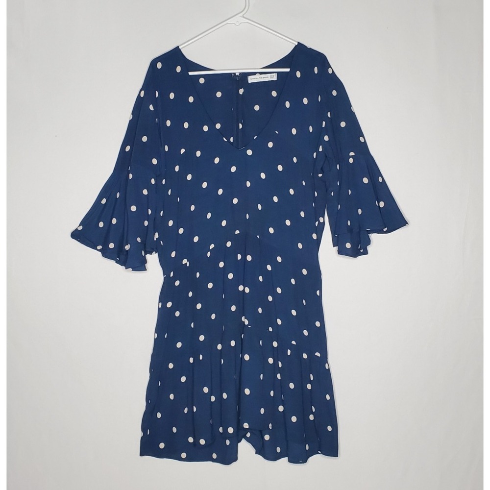 Faithfull The Brand Polka Dot Dress Large Blue Vneck Flutter Feminine Coquette